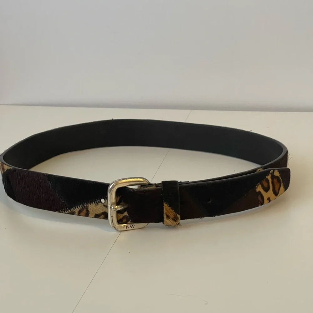Nine West Patchwork Ponyskin Animal Print Leather Belt Silver Buckle Large